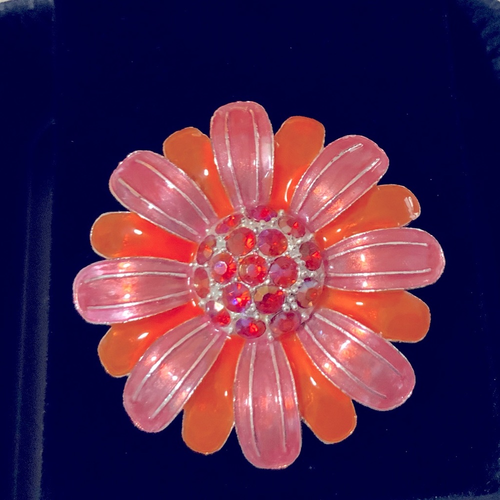 Cool Flower Brooch, Pink and Coral with Orange Aurora Borealis Rhinestones